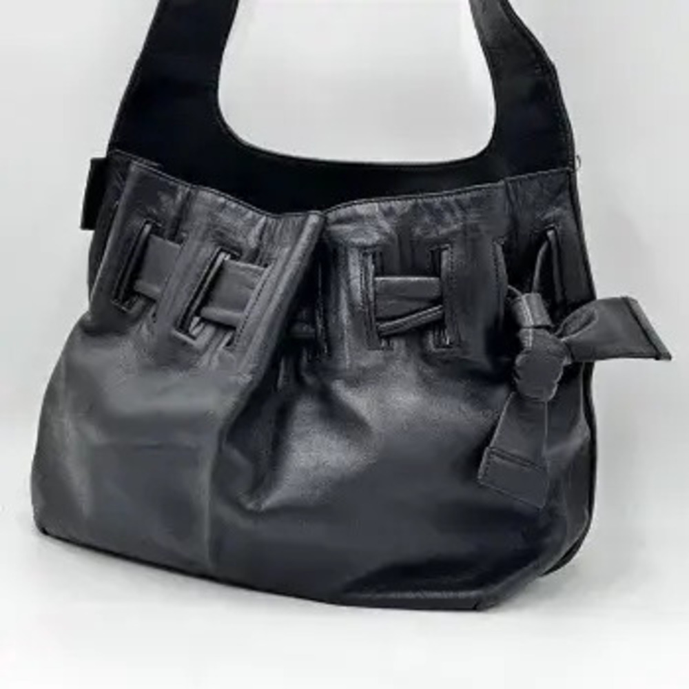 Gucci Leather Hobo Shoulder Bag Ribbon GG Lining Shoulder Black